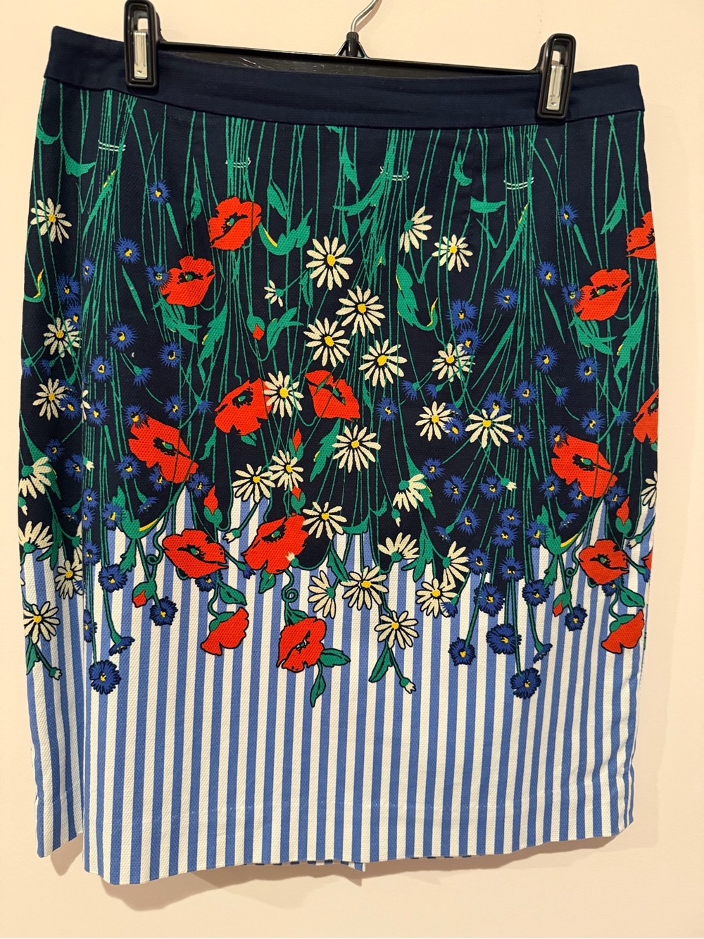 Navy Floral Pencil Skirt with Red Poppy Detail